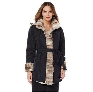 Hal Rubenstein Reversible Black/Brown Faux Fur/ Rain Coat Jacket w/ Hood &Tie-XL